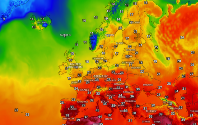 Cerberus-Hitzewelle, Europa-Heatmap